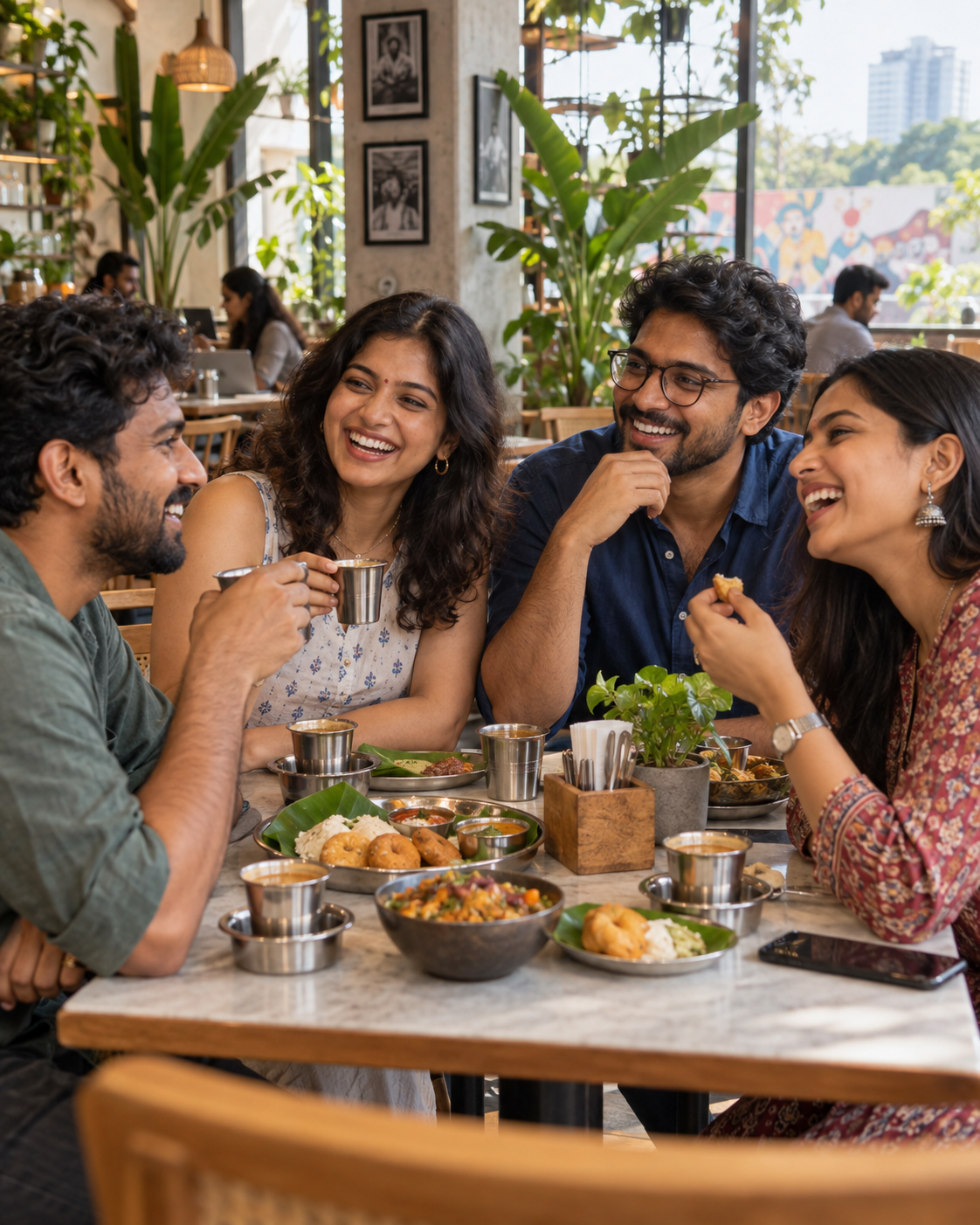 Indian friends enjoying a meal and coffee in a Bengaluru café — AI-generated illustration